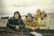 Michael Ancher, fire fiskere ved en bad pa skagens strand